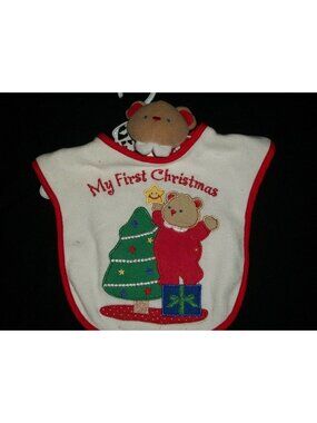 My First Christmas Baby Bib and Bear Rattle Tree White Red Terrycloth